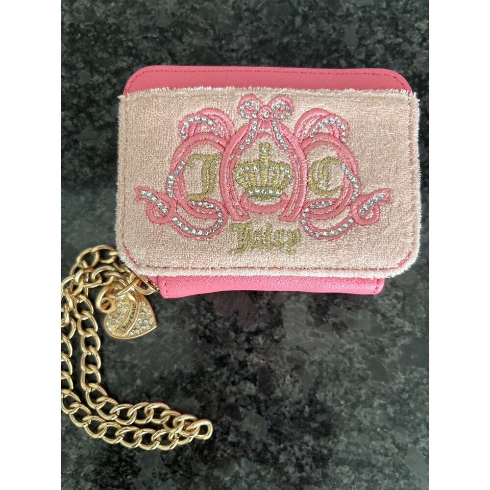 Juicy Couture Pink Terrycloth Mini Wallet W/ Embroidered Logo Chain Heart Charm